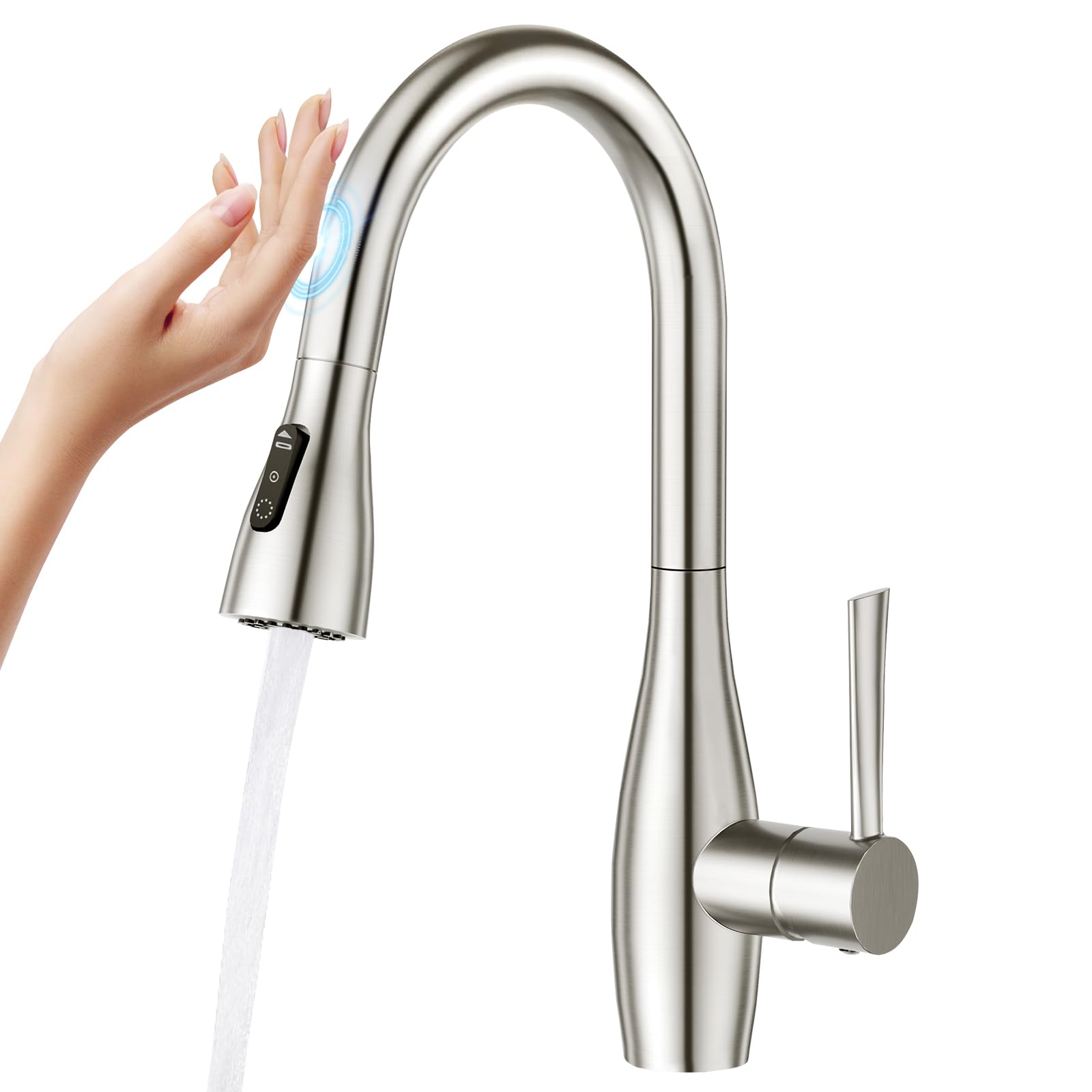 CREA Touch Sensor Kitchen Tap, Touch On Mixer Tap with Pull Out Sprayer, Kitchen Sink Tap with 3 Function, 360° Swivel for Kitchen Sink, Pull Out Sprayer, Stainless Steel