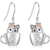 SHEAISRS Teacup Cat Earrings 925 Sterling Silver Cute Animal Dangle Earrings For Women For Cats Lovers