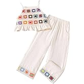 WDIRARA Girl's 2 Piece Outfits Boho Floral Crochet Ruffled Sleeveless Cami Top and Wide Leg Pants