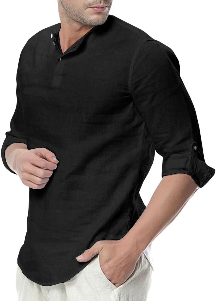 Mens Linen Henley Shirt Casual 3/4 Sleeve T Shirt Pullover Tees Lightweight Curved Hem Cotton Summer Beach Tops