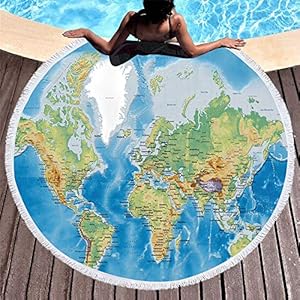 Feyart World Map Beach Towel Blanket with Fringe Roundie Mat with Tassels for Travel Swimming Yoga Camping Picnic, 60” Children Adult Suitable