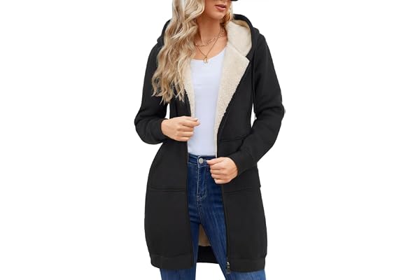 Oleda Women's Long Sherpa Fleece Zip Up Hoodie Winter Sweatshirt Jacket | Double-layer drawstring hood, roomy side pockets an