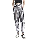 ODIZLI Womens Shiny Metallic High Waist Stretchy Jogger Pants Holographic Hip Hop Club Wear Streetwear