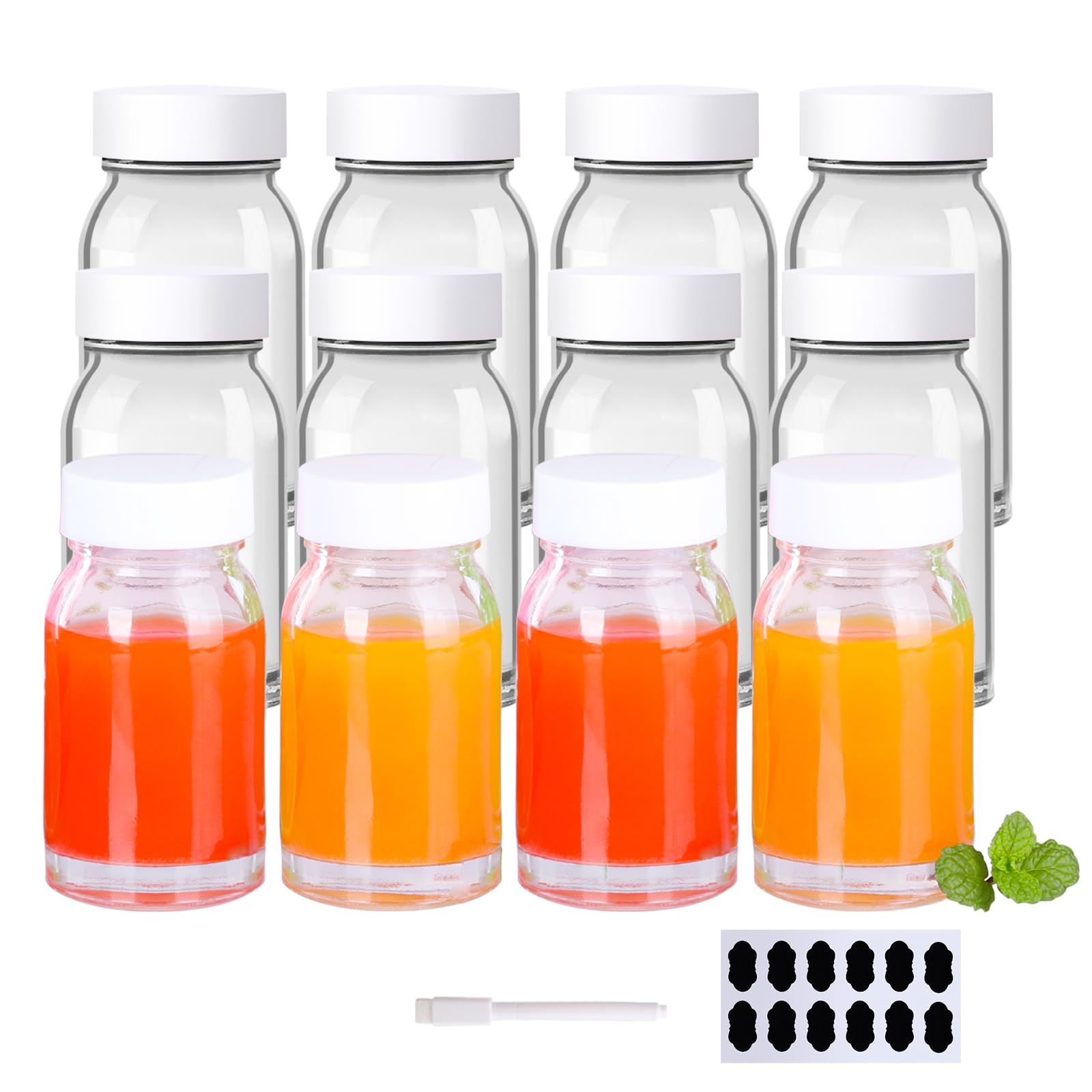 YBCPACK 12 Pack 80ml Reusable Mini Clear Glass Shot Bottles, Wellness Shots Bottles for Juice, Ginger, Small Glass Jars with Lids, Label, Pen.(Dishwasher Safe & Leak Proof)