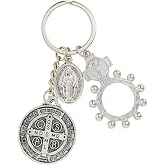 Needzo Saint Benedict Key Chain with One Decade Rosary Ring and Miraculous Medal, Keychain for House or Car Keys, 3 1/2 Inches