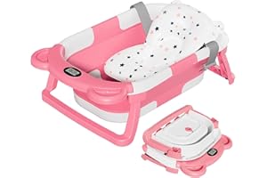 TPN Collapsible Baby Bathtub, Baby Bath Tub with Soft Cushion & Real-Time Thermometer, Baby Bathtub Infant to Toddler Tub (0-36 Months), Portable Travel Baby Tubs for Newborns (Pink)