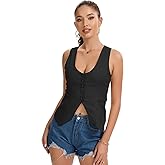 Prebene Womens Casual Scoop Neck Vest Summer Sleeveless Fitted Waistcoat Suit Button Down Business Crop Tops