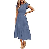 ZESICA Women's 2026 Summer Casual Flutter Short Sleeve Crew Neck Smocked Elastic Waist Tiered Midi Dress