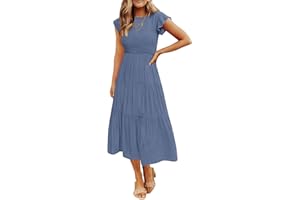 ZESICA Women's 2025 Summer Casual Flutter Short Sleeve Crew Neck Smocked Elastic Waist Tiered Midi Dress