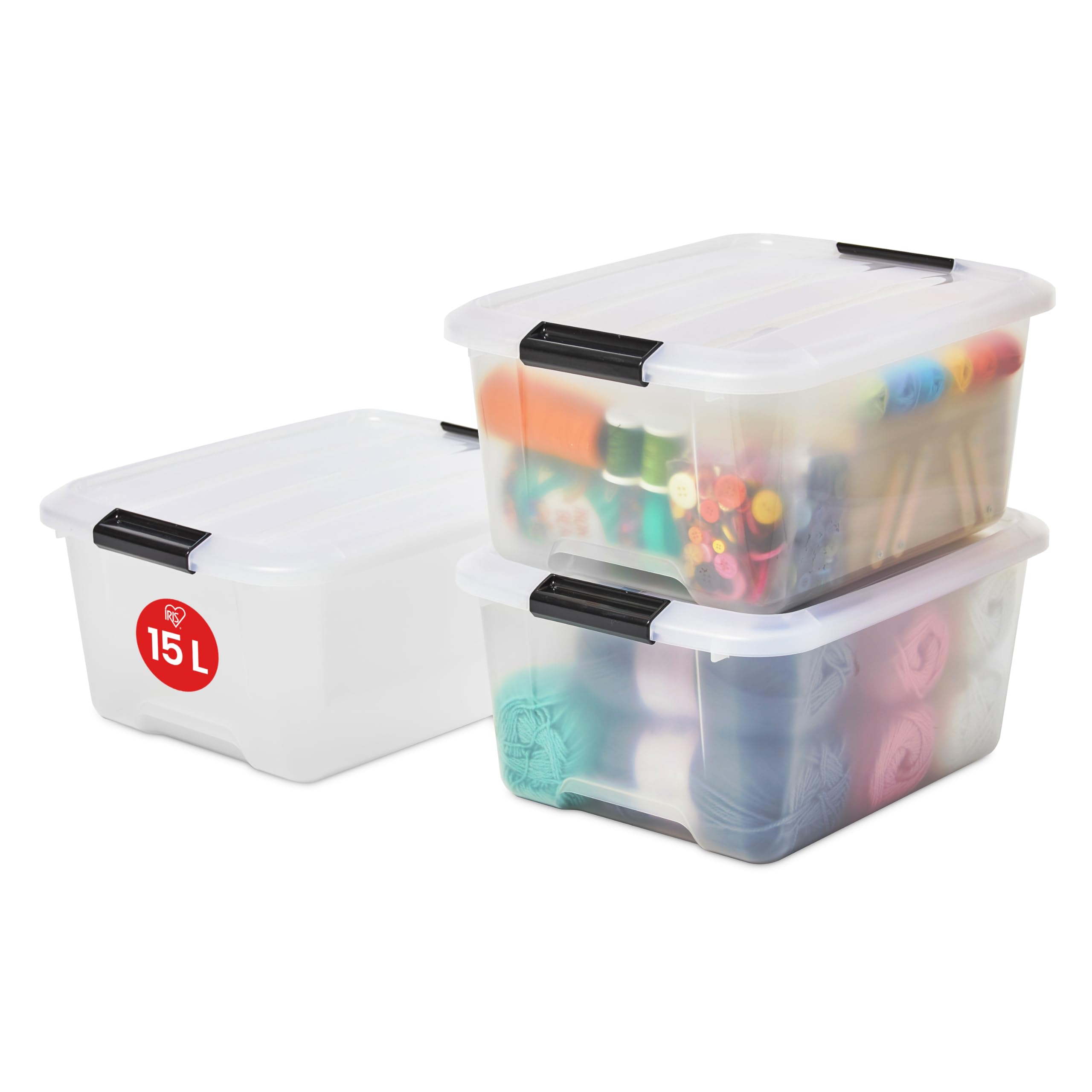 Iris Ohyama, Set of 3, Storage boxes, 15 L, with snap closure, stackable, living room, bedroom, garage - Top Box TB-15 - Transparent
