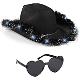 Funcredible Light Up Cowboy Hat and Glasses – LED Cowgirl Hat with Feathers – Cowgirl Costume Accessories for Women