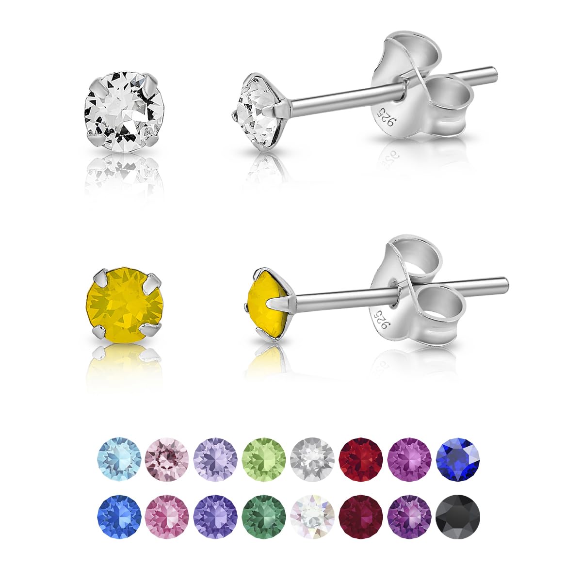 DTPSilver - Set of 2 PAIRS of 925 Sterling Silver Round TINY Stud Earrings made with Glittering Crystals from Swarovski® Elements - Diameter: 3 mm - Colour : Yellow Opal