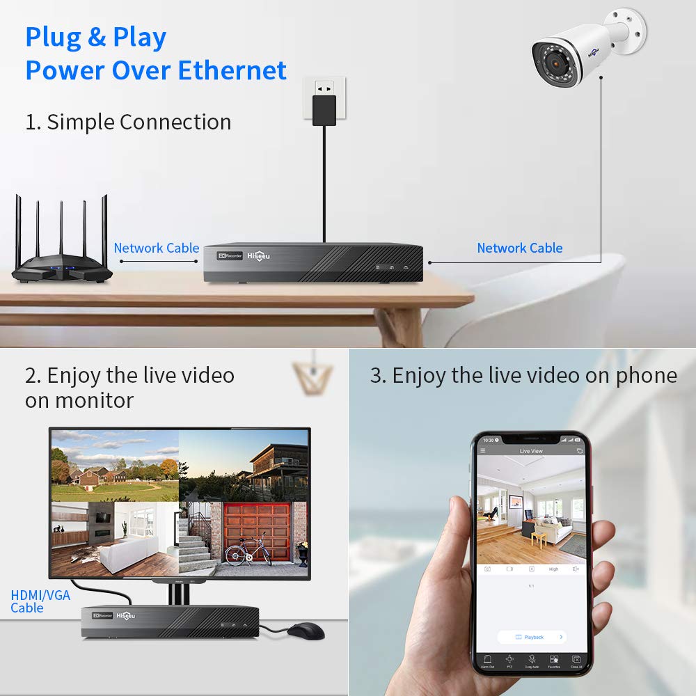 Hiseeu 4K PoE Security Camera System, 8CH 8MP Home Surveillance NVR System with 3TB HDD, 4Pcs 4K IP Wired Camera with Night Vision for Indoor Outdoor Security, 30 Days Video/Audio Loops Recording