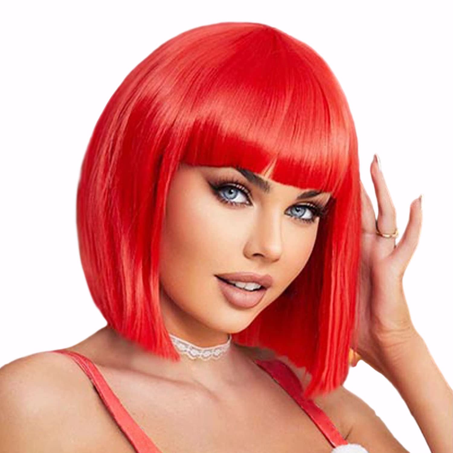 Photo 1 of YOUNIGA Red Bob Wig With Bangs 12 Inch Short Synthetic Fiber Bob Wigs for Women Short Bob Wigs and Halloween Cosplay Wig With One Cap (Red)