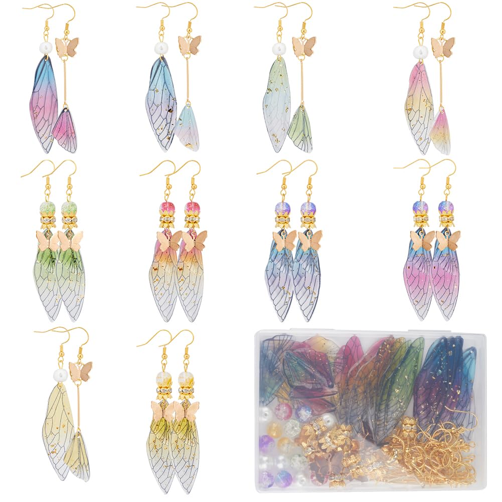 SUNNYCLUE 1 Box DIY 10Pairs Butterfly Wing Charms Earrings Making Starter Kit Resin Butterflies Wings Foil Glitter Glass Beads Bar Links Connectors Earring Hooks for jewellery Making Kits Wedding Gift