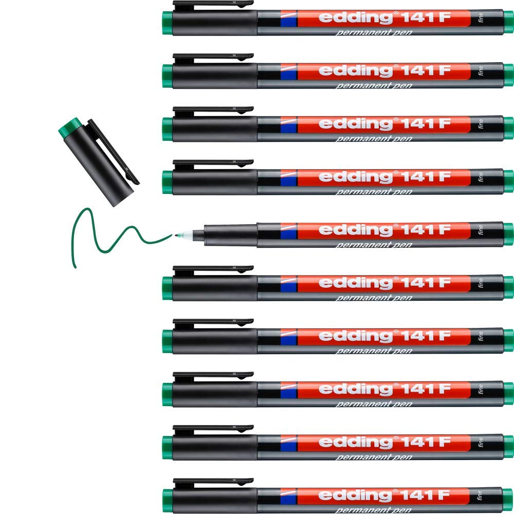 edding 141 F permanent pen - green - 10 pens - round nib 0.6 mm - pen for writing on glass, plastic, foils and smooth surfaces - permanent, quick-drying, smudge-proof and waterproof