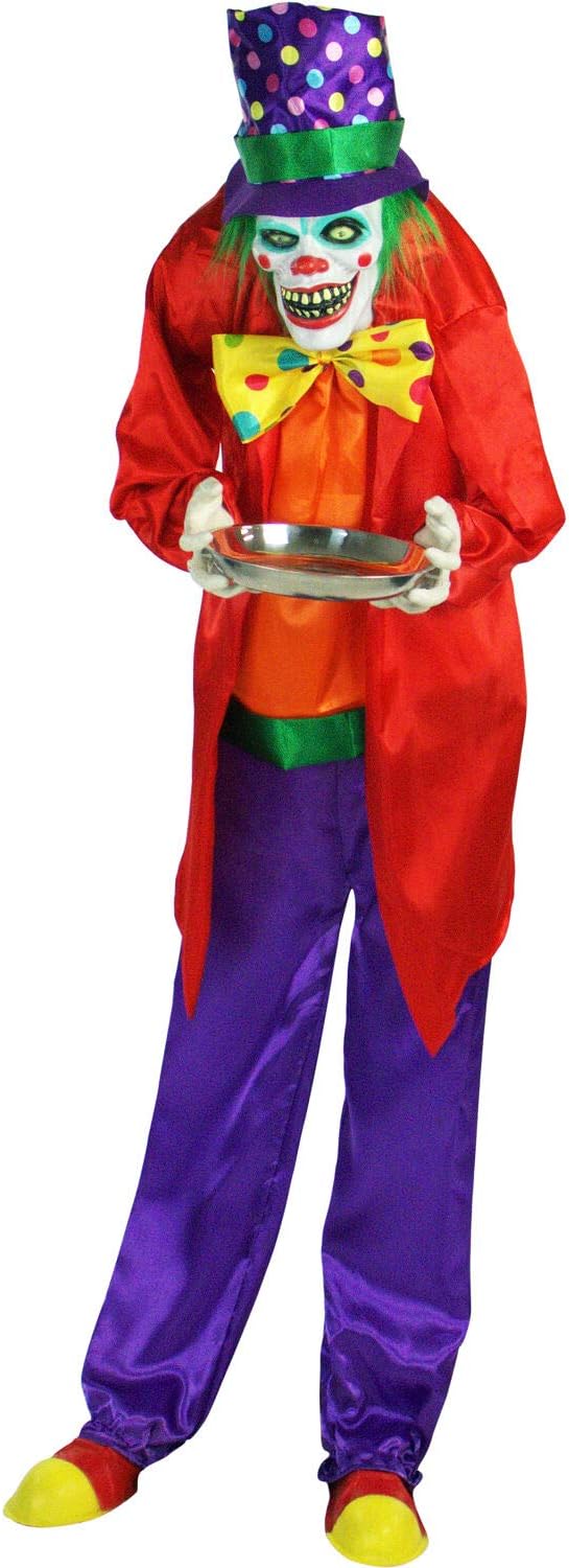 Garden Sculptures & Statues - Haunted Hill Farm Life-Size Animatronic Scary Clown Holding Tray with Touch Activated Lights and Sounds, Battery Operated Indoor or Covered Outdoor Halloween Decoration