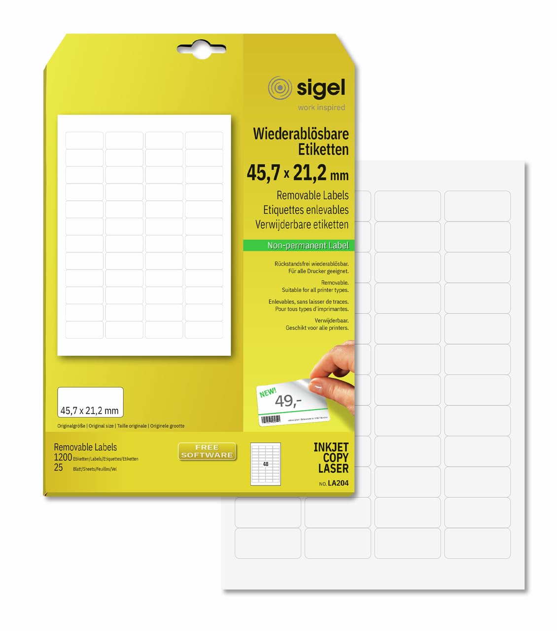 SIGEL LA204 Universal Removable Labels, 4.57 x 2.12 cm, 1200 lbl equal to 25 sheets, White