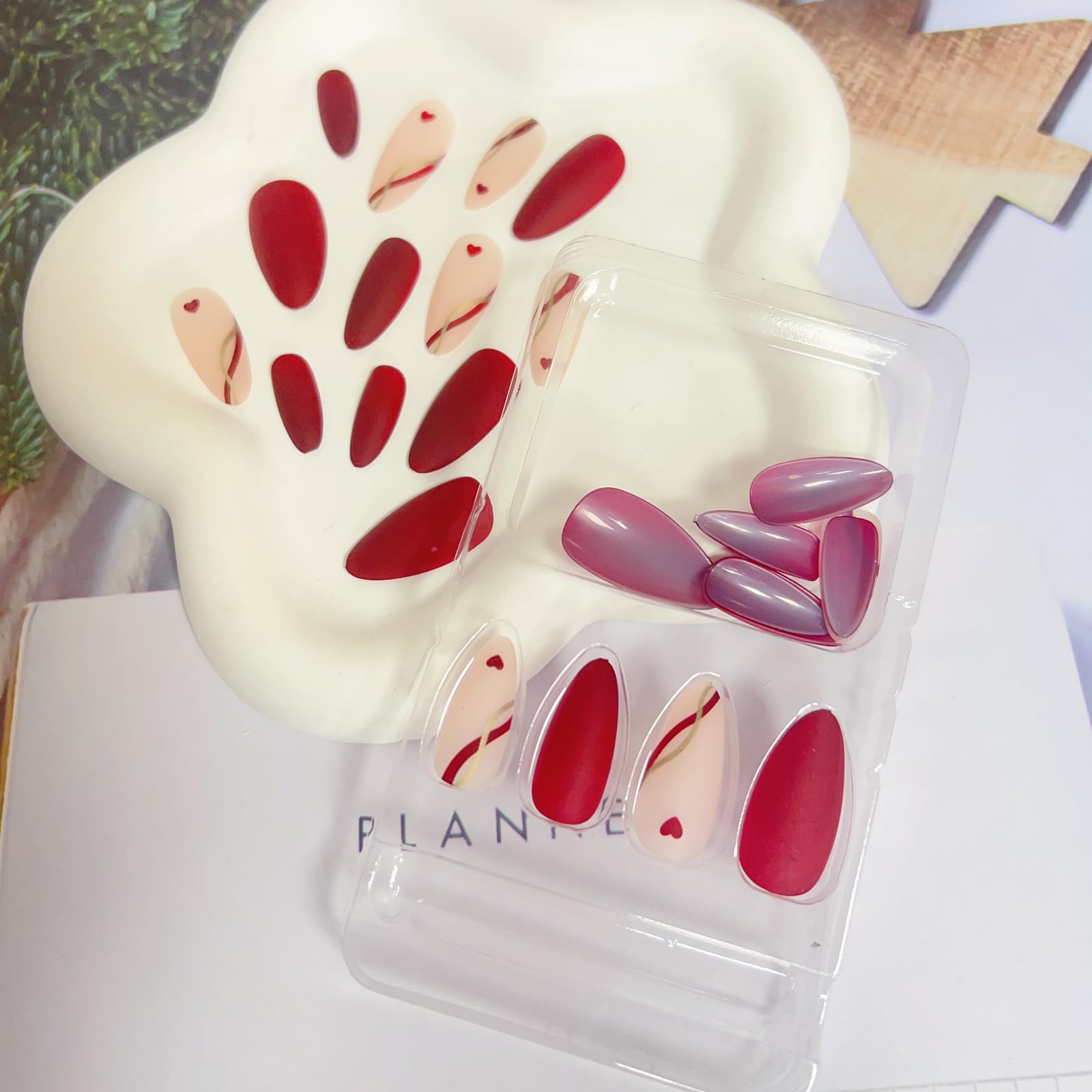 Valentine’s Day Press on Nails Almond Medium Fake Nails Red Heart Glue on Nails with Gold Stripes Design Glossy Full Cover Artificial Nails Cute Valentines Stick on Nails Almond False Nails for Women - Image 5