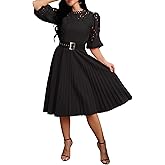 IWFEV Lace Pleated Dress Puff Sleeve Mid-Calf Short Sleeve Midi Dress Hollow Party Evening Dress