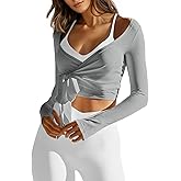 Fisoew Womens Wrap Tie Tops Long Sleeve Workout Crop Wrap Shirts Casual Lightweight Ballet Pilates Yoga Active Tops