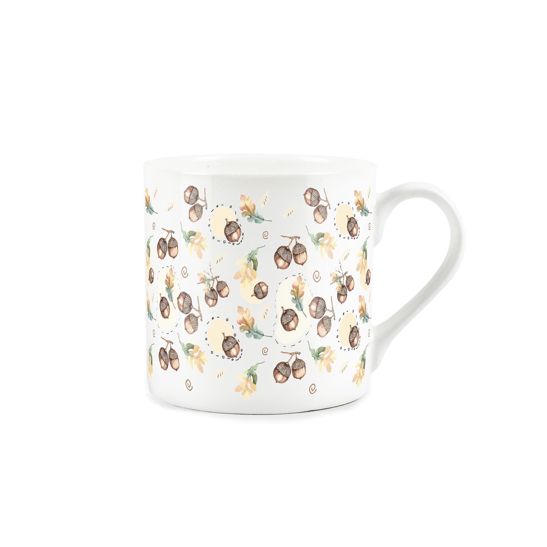 Forest Acorns Mug - Woodland Nature Leaf Print - Bone China White Cup Coffee/Tea Present