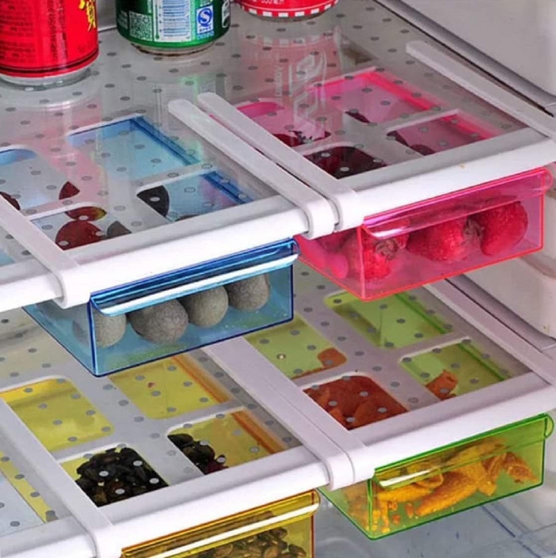 GIFTGALAXCY Fridge Slide Storage Rack Shelf Drawer Maintain Extra Meals Double Up Space in Refrigerator Set of 4 (Multicolour)