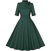 ODIZLI 1950's Dresses for Women Rockabilly Dresses Retro Dress Short Sleeve Tie Neck Swing Dress Cocktail Dress