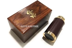 ARTIZANSTORE Brass Handheld Telescope, Functional Vintage Replica Telescope, Pirate Navigation with Anchor Wooden Box (Brown Leather), Handcrafted Portable Collapsible Marine Spyglass Collectible Décor, 6”