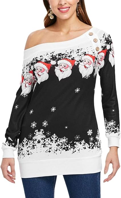 skew neck santa claus snowflake pullover christmas sweatshirt