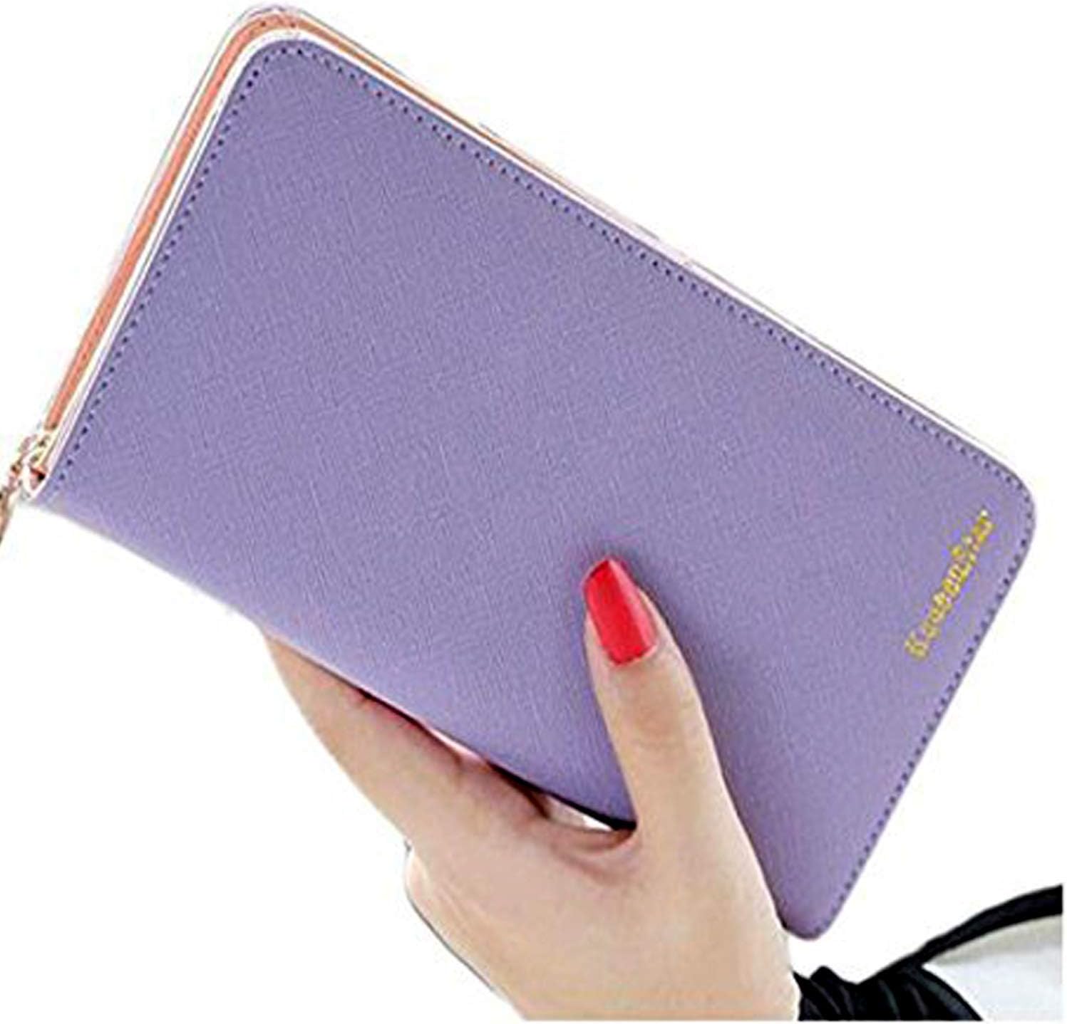 Amaze Fashion Wallets for Women RFID Blocking Clutch Zipper Colorful Leather Long Purse Wrist Strap with Phone Pocket (Purple)