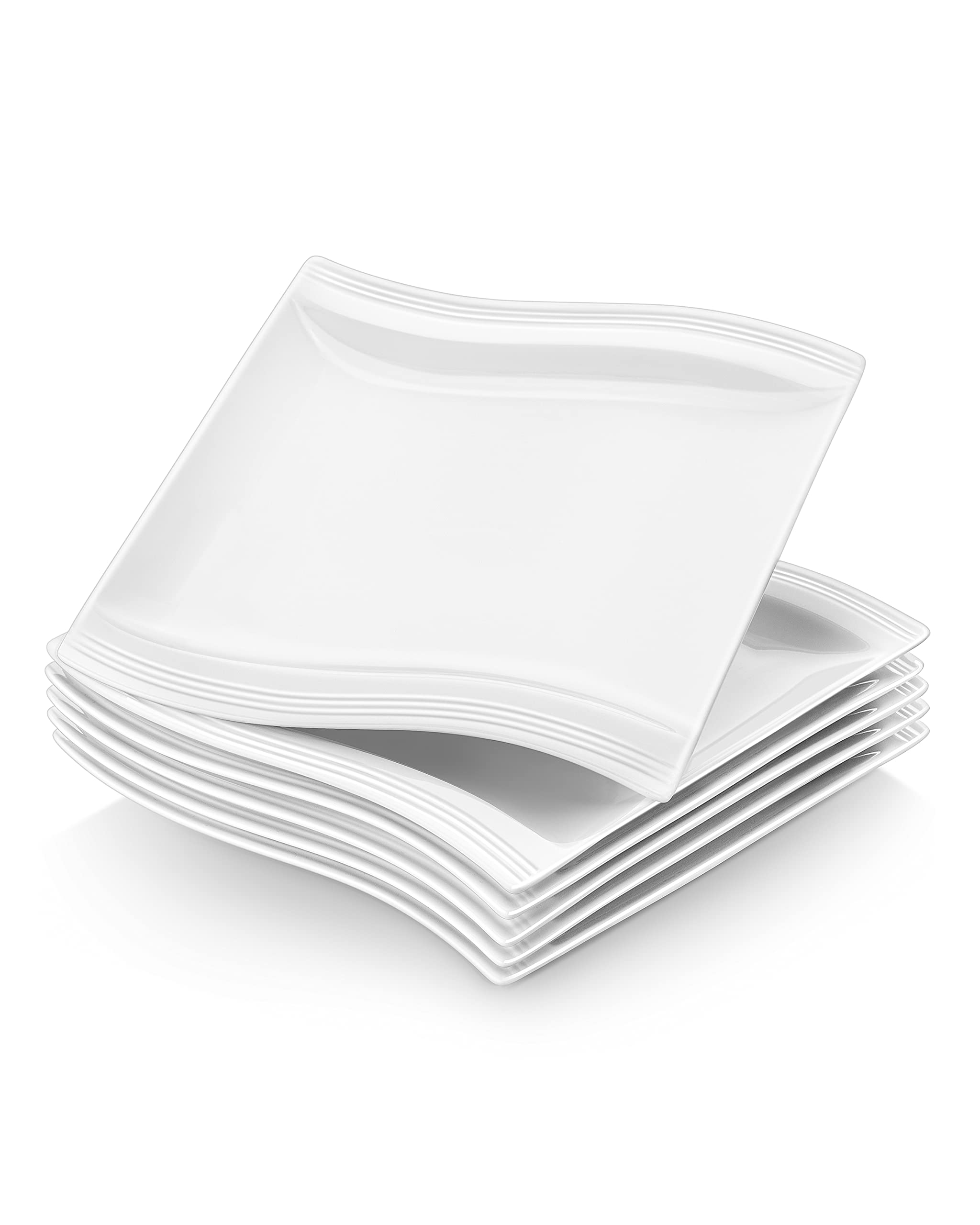 MALACASA 8.2" Square Dinner Plates Set of 6 – Small White Porcelain Plates for Salad, Dessert, Appetizers & Main Dishes | Microwave & Dishwasher Safe | Elegant Modern Tableware