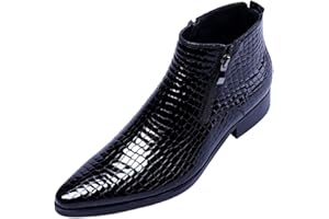 SANTIMON Men's Ankle Patent Leather Fashion Plaid Zipper Pointed Toe Casual Boots