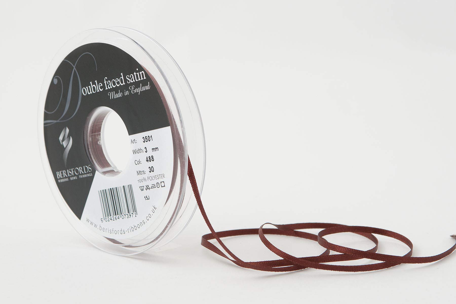 Berisfords Double FACE Poly Satin Ribbon, Hot Chocolate, 3 mm