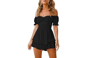 Fixmatti Women Boho Romper Off Shoulder Ruffle Chiffon Shorts Jumpsuit Playsuits