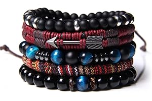 WAINIS Braided Leather Bracelets for Men Women Wrap Tiger Eye Lava Rock Beads Bracelet Woven Ethnic Tribal Rope Wristbands Bracelets Set Adjustable