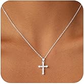 Lyncory Cross Necklace for Women 14K Gold Silver Diamond CZ Cross Pendant Choker Dainty Gold Necklace Round Diamond Faith Religious Trendy Jewelry Gifts