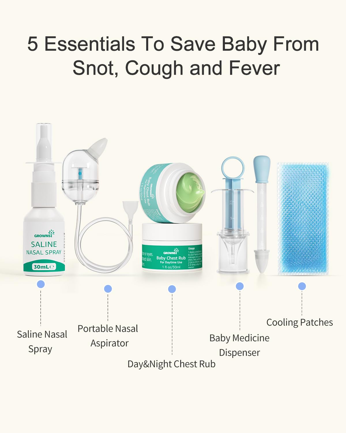 GROWNSY Baby Sick Day Care Kit, Saline Nasal Spray, Nasal Aspirator for Baby, 2 PCS Day & Night Chest Rubs, Baby Medicine Dispenser and Fever Patch for Kids