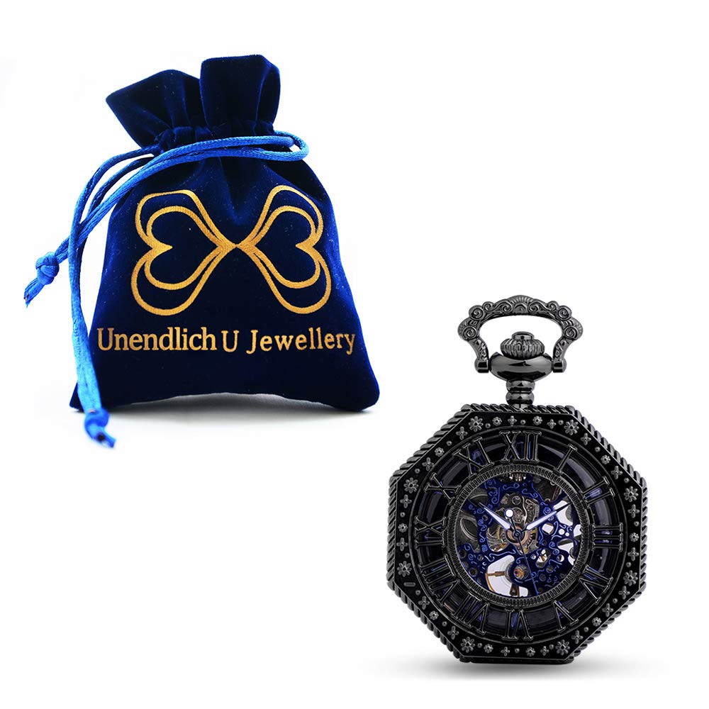 Unendlich U Mens Mechanical Pocket Watch, Vintage Roman Numerals Dial Octagonal Stainless Steel Bronze Case Pocket Watch for Men Women