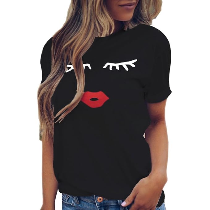 Damen T-Shirt,Saingace Frauen Sommer Wimpern Druck Top Kurzarm Bluse Beiläufige Lose Tops T-Shirt