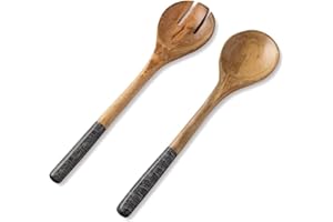 Salad Servers or Salad Tongs, Wooden Utensils for Serving Salad, 12-inch Spoon and Fork Set, Mango Wood, Black Check Servers