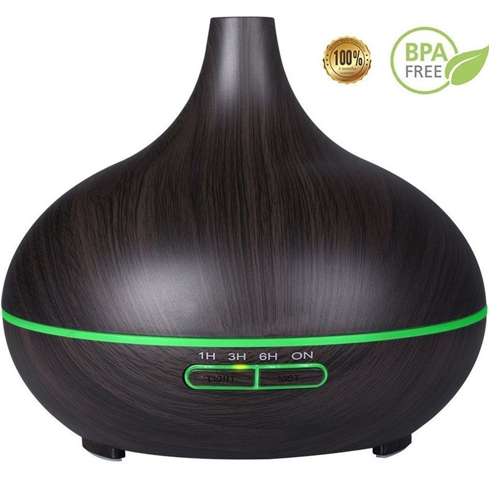 Essential Oil Diffuser, 300ml Cool Mist Ultrasonic Aroma Diffuser, Air Humidifier Wood Grain with Waterless Automatically Shut-off for Office Home Yoga Spa-Black