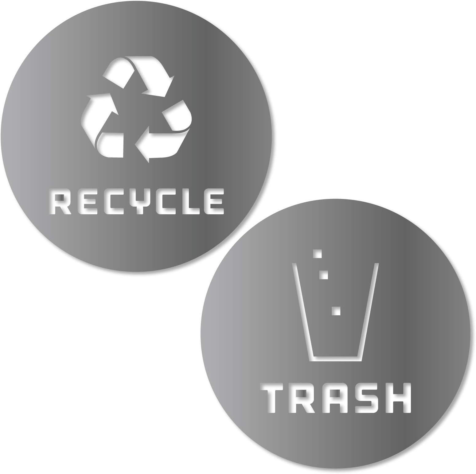 Recycle and Trash Sticker Vinyl Modern Logo (5.5in x 5.5in 1 ea.) Symbol to Organize Trash cans or Garbage containers and Walls - Small - Silver Metallic
