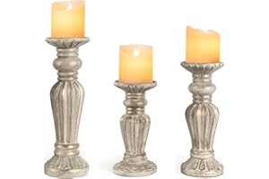 QUALDOUT Farmhouse Pillar Candle Holders Set of 3-12", 10", 8”H Candlestick Candle Holder Stand, Fall Thanksgiving Halloween Xmas Decor for Fireplace/Table Centerpiece/Rustic - Best Gift