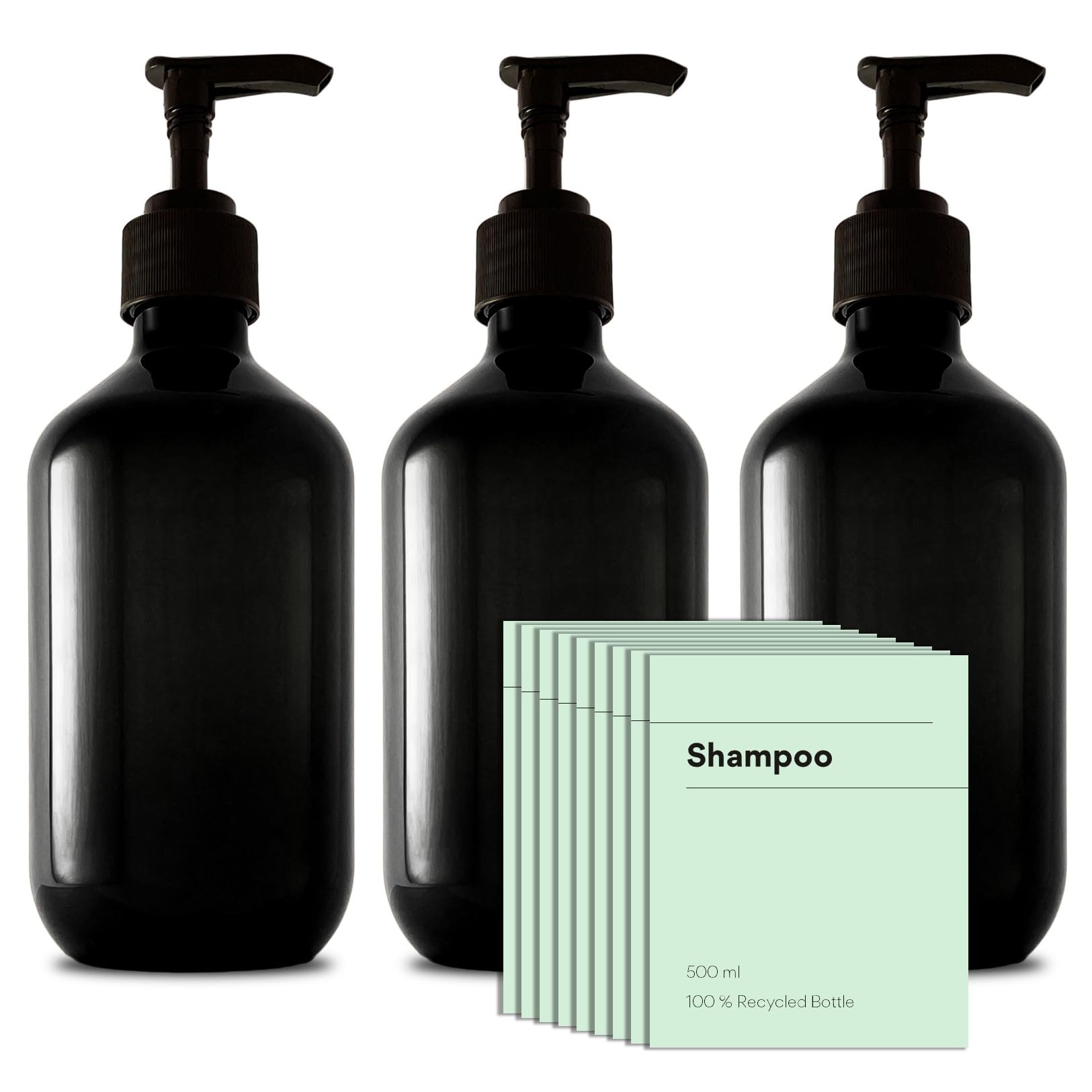 Recycled Plastic Pump Bottle Dispenser 3 x 500ml, Bathroom Bottles With Labels, Empty Refillable Shampoo and Conditioner Bottle with Pump for Liquid Hand Soap, Shower Gel, Body Wash, Lotion, Black