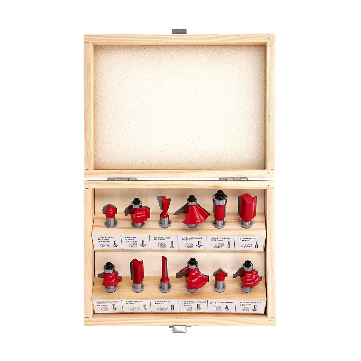 WELLCUT 12pcs Professional 1/4” Shank Tungsten Carbide Flush Trim Router Bits Set in a Wooden Case for Doors, Tables, Shelves, Cabinets, DIY Woodworking