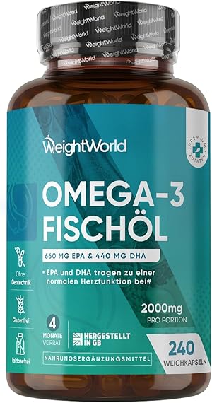 Omega 3 Weichkapseln - 2000mg Fischöl mit 1100mg Omega-3, 660mg EPA & 440mg DHA pro Portion - 240 Omega 3 weich Kapseln - Fish Oil - Frei von Gluten, Gentechnik, Laktose - WeightWorld
