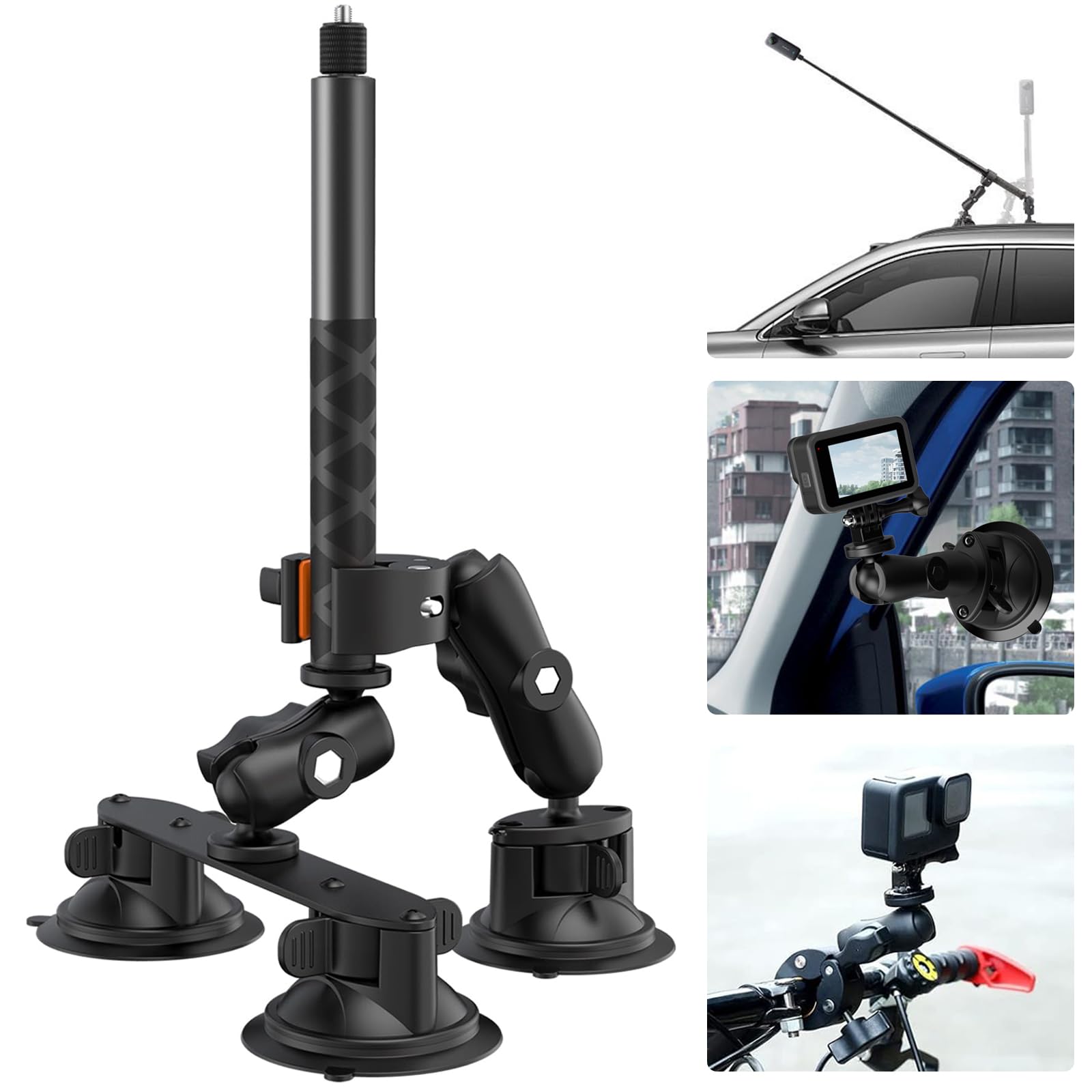 UNSTINCER Triple Suction Cup Mount and Clamp with 118cm Extendable Selfie Stick, Third Person Car Bracket for Insta360 X5 X4 Gopro Hero 13 12 Action Camera, Holder on Roof Hood Trunk Glass Handlebar