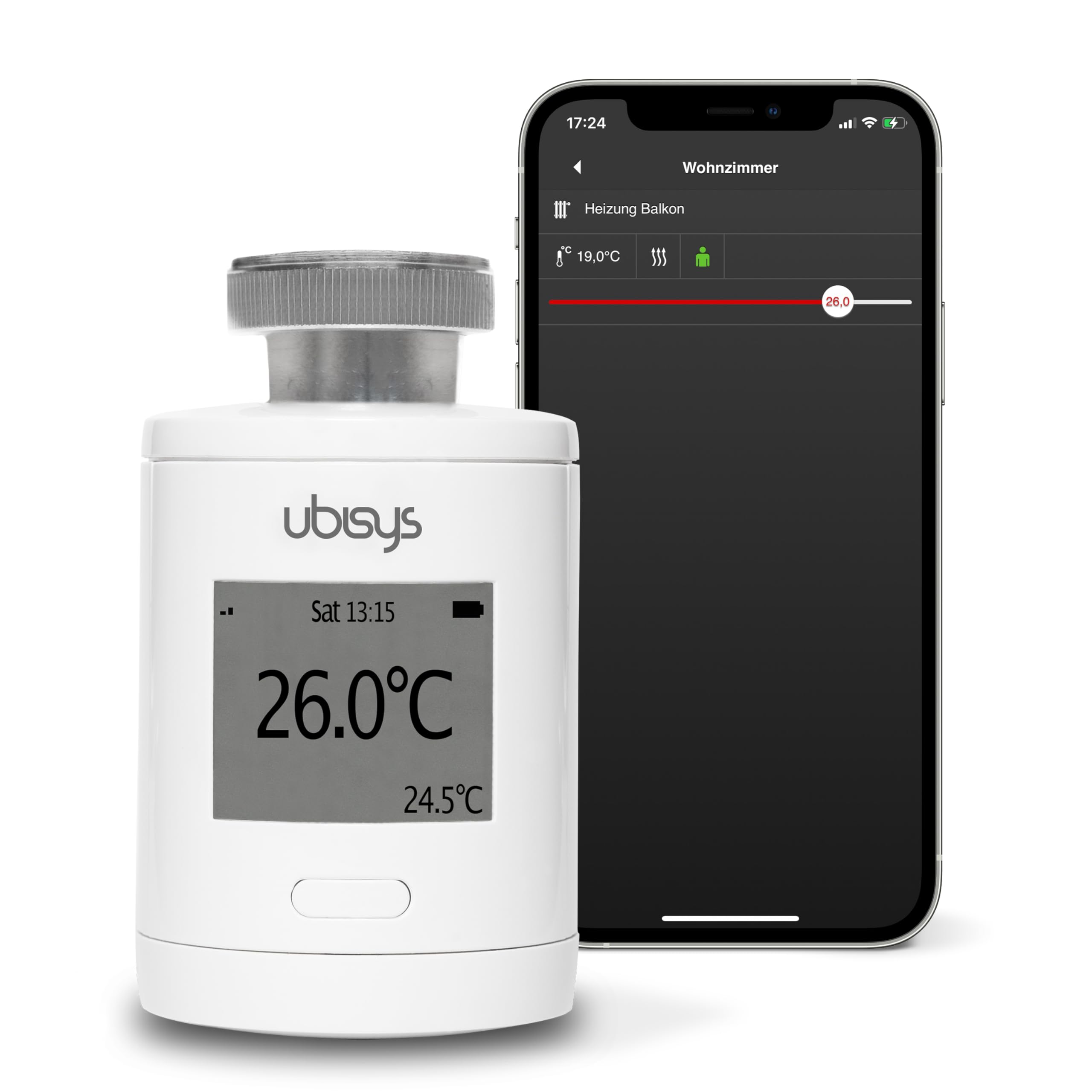 ubisys Radiator Thermostat, Acrylonitrile butadiene styrene (ABS) or polycarbonate (PC), White