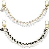 uxcell 2Pcs 10.2'' Pearl Purse Double Chain, Metal Purse Extender Chain, PU Leather Handle Replace Chain, Purse Handles Chain Wrist for Handbag, Mobile Case(Black/White, Gold Chain)